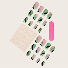 Press on Nails Medium Square Green Ripple False Nails Artificial Acrylic Nails Gold Foil Stripe Design Fake Nails Full Cover Glossy Reusable Coffin Nails Glue on Nails for Women 24Pcs