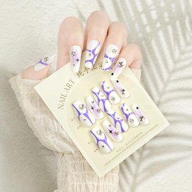 Handmade Long Press On Nails With Rhinestones Fake Nails 10pcs Glossy Full Cover False Nails Purple For Women And Girls