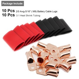 TKDMR 10pcs 2/0 AWG-5/16" Battery Lugs,Copper Wire Lugs,Heavy Duty Battery Cable Ends,Tubular Ring Terminals,AWG Crimp Wire Ring Lugs,Battery Terminal Connectors with 3:1 Heat Shrink Tubing