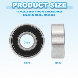 PATIKIL MR83-2RS Deep Groove Ball Bearing 3mm x 8mm x 3mm, 10 Pack Double Rubber Sealed Miniature Bearings for Electric Motor Industrial Machine, Black&Silver