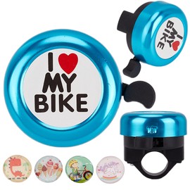 CREATCABIN I Love My Bike Bicycle Bell Classic Aluminum Bike Bells Ring Loud Crisp Sound Cycling Bell Small Blue Handlebars Bells with 4Pcs Resin Stickers for Road Mountain Bike Accessories 2x2Inch
