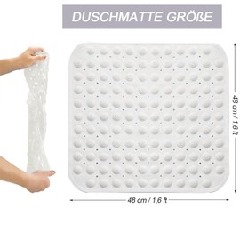 Shower Mat, White, 48 x 48 cm, Square Shower Mat, Machine Washable with Suction Cup, Non-Slip Massage Mat for Shower and Sauna