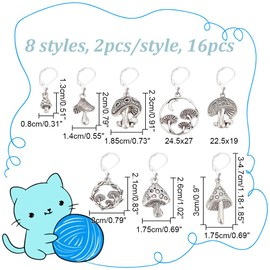NBEADS 16 Pcs Stitch Markers, Antique Silver 8 Styles Mushroom Crochet Markers Tibetan Style Locking Stitch Needle Clip for Knitting, Weaving, Sewing Accessories, Jewelry Making