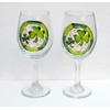 Lucky Green Shamrocks Hand Painted Stemmed Wine Glasses Set of