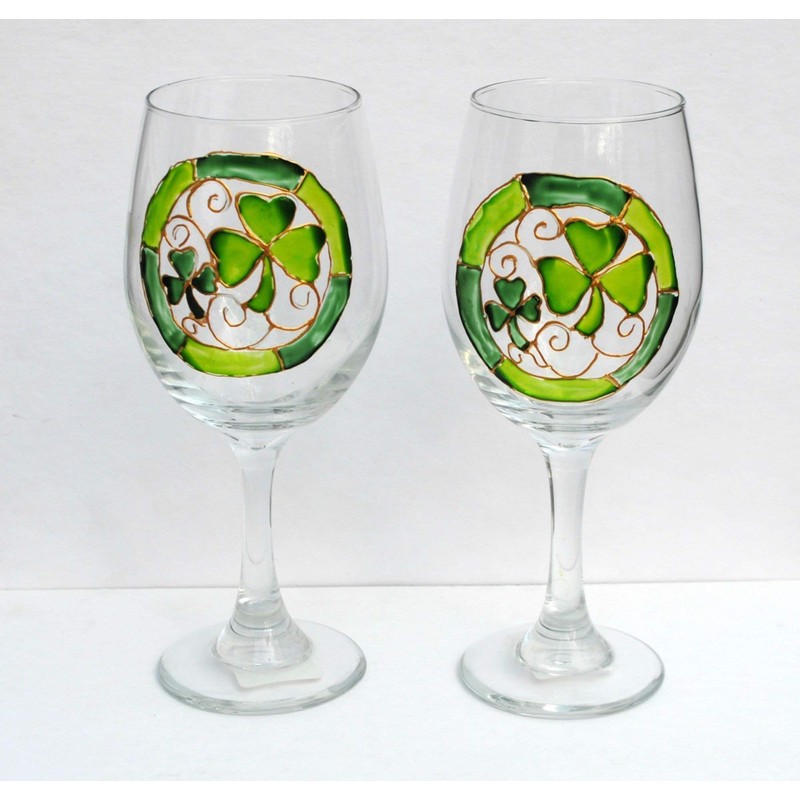 Lucky Green Shamrocks Hand Painted Stemmed Wine Glasses Set of