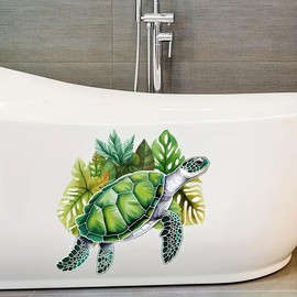 TOLOVIS Turtle Leaves Bathtub Toilet Stickers Decals,Fish Bird Flower Leaf Waterproof Bathtub Lid Tank Seat Decals Cistern Self-Adhesive Bathroom Wall Sticker, Transparent