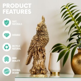 Quterhero Parrot Sculpture, Indoor Outdoor Resin Bird Figurine for Home, Office, Living Room, Bedroom Decor, Unique Gift(Gold Parrot)