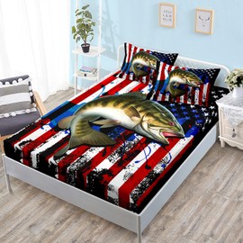 HOSIMA Big Pike Fishing Fitted Sheet,Bass Fish American Flag Pattern Hunting and Fishing Bed Set Queen Size for Boys Room Decor, 1 Fitted Sheet + 2 Pillowcases.