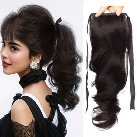 12 Inch Short Layered Wavy Pony Tail Hair Extensions Tie Up Natural Synthetic High Ponytail Hairpiece for Women Daily Wear (Black Brown)