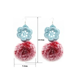 Janyii Rainbow Crochet Spiral & Multicolor Furry Pom - Pom Dangle Earrings for Fashion - Forward Women (Flower-Wine Red)
