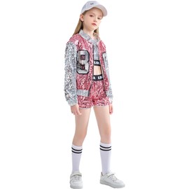 LOLANTA 4-Piece Girls Hip Hop Sequins Costume, Sparkly Graphic Jacket, Shiny Crop Tank Top, Metallic Shorts, Pink, 10-11 Years, 150