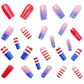 4th of July Press on Nails Long Square Fake Nails with White Red Lines Star Designs Blue Ombre Glue on Nails Independence Day False Nails Press ons Glossy Stick on Nails for Women 24 Pcs