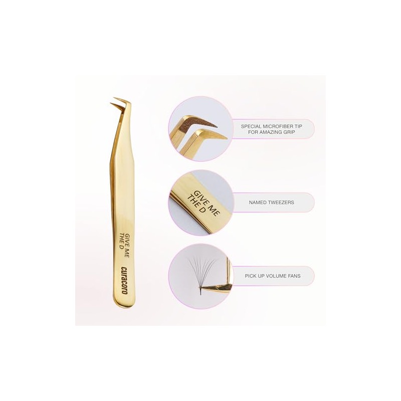 Curacoro Lash Tweezers, Fiber Tip Grip (Gold, Give Me the