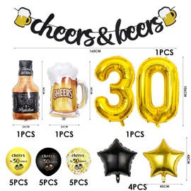 1 Satz 30. Geburtstagsset, 4 Stück Fünfzackige Sternballons, 30. Geburtstagsdekoration, Bier-Jubelbanner, Bier-Aluminiumfolienballons, Geburtstagsparty-Dekoration