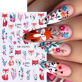 Fall Nail Art Stickers Decals Autumn Maple Leaf Foxes Nail Stickers 6PCS 3D Self-Adhesive Fall Leaves Feather Floral Plant Design Nail Decals for Thanksgiving Day DIY Manicure Nail Art Decorations