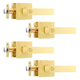 Leydebong 4 Pack Gold Door Handles, Bed and Bath Leverset Lockset Privacy Door Levers with Lock, Satin Brass Finish, Universal Handing with Modern Square Door Knobs