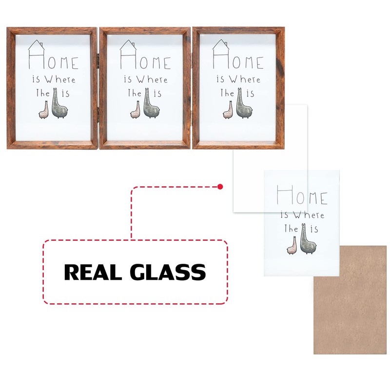 TOFOREVO 5x7 Triple Picture Frame Rustic Brown Wooden Hinged Beveled