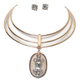 Fashion Jewelry ~ Crystal Pendant Drop and Triple Layer Wire Choker Necklace and Earrings Set for Women