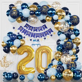20th Birthday Decoration Navy Blue Gold 20th Birthday Men Women Decoration 20th Birthday Man Woman Happy Birthday Banner, Confetti Balloons, Birthday Balloons Birthday for 20th Birthday Decoration