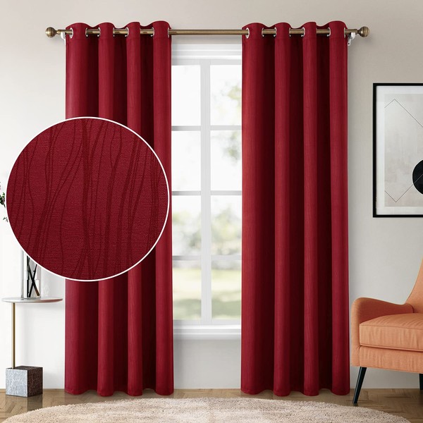 HOMEIDEAS Burgundy Blackout Curtains 52 X 84 Inches Long 2 Panels, Wave Line Textured Room Darkening Curtains for Bedroom, Thermal Insulated Grommet Window Curtains/Drapes for Living Room