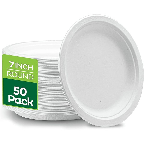Super Rigid Disposable Plates (7 Inches) (Pack of 50), 100% Biodegradable White Bagasse Paper Plates, Made of Sugarcane Fibers - Perfect for Picnics Parties