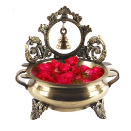 Two Moustaches Ethnic Carved 7 Inches Brass Decor Urli Bowl with Bell, Brass Urli for Home Decor, Antique, Standard, Pack of 1