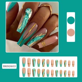FIEONCIY Press on Nails Coffin Long Glossy Full Cover Acrylic Extra Long Square False Nails with Marble Designs Artificial Ballerina Fake Nails with Charm Glue Stick on Fingernails for Women Girls
