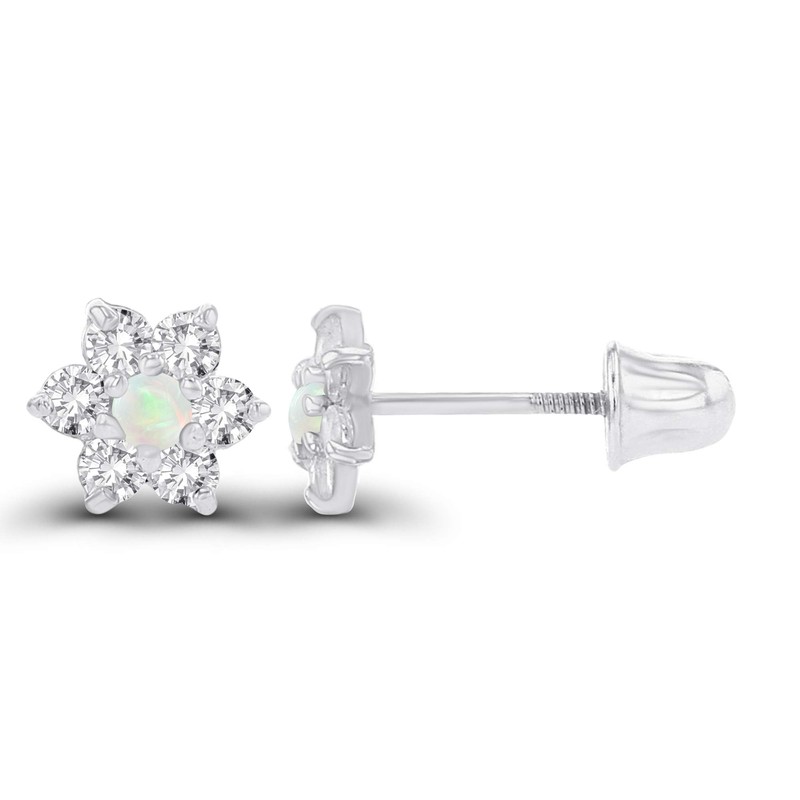 Solid 14K White Gold 1.50mm Natural Opal October Birthstone Flower