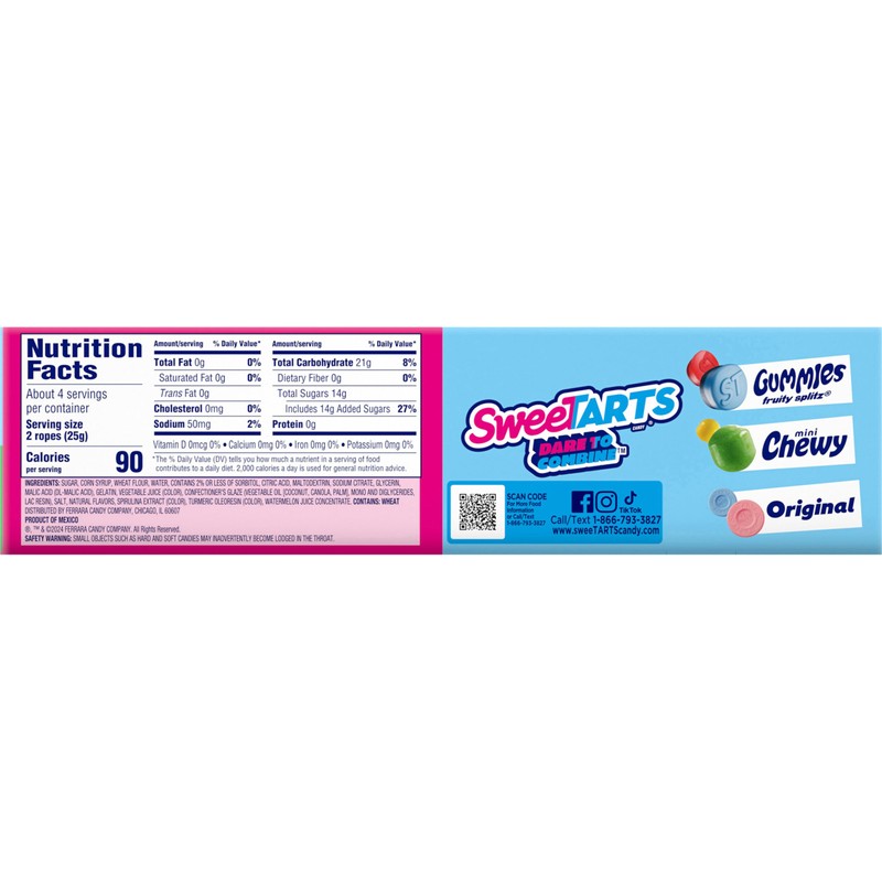 SweeTARTS Ropes, Candy, Watermelon Berry Collision, Soft and Chewy, 3.5