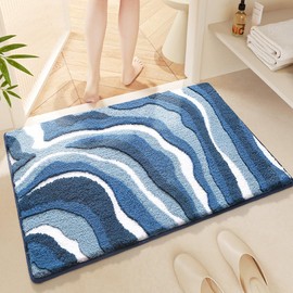 BIKETEK Blue Ripple Bathroom Rug Mat, Extra Thick and Soft Shaggy Luxury Microfiber Bath Rugs, Absorbent, Non-Slip, Machine Washable, Plush Bath Mats for Bathroom Floor (Blue,17" x 24")