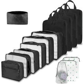 14 PCS Compression Packing Cubes Set - 8 Sizes inc 4x20L Packing Compression Cubes & 10 Large/Medium/Smal Packing Bags (Black 10×Suitcase Organiser+4×20L Compression)