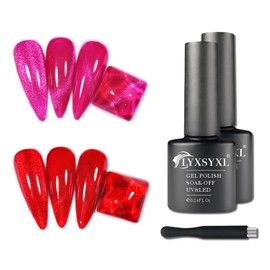 LYXSYXL 7ml Crystal Cat Eye Gel Nail Polish Magnetic Nail Polish Set Bright Silver UV Gel Polish Shiny Diamond Glitter Gel with Magnet Stick (2PCS-Dark Pink+Dark Ruby Red)