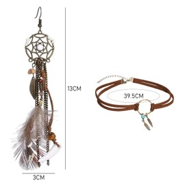 KRYMSON 1 Vintage-Lederhalskette + 1 Paar Feder-Quasten-Ohrringe, Choker-Halskette, Personalisierte Tropfen-Ohrringe, Indischer Schmuck, Schmuck Im Boho-Stil, Geschenke Für Frauen