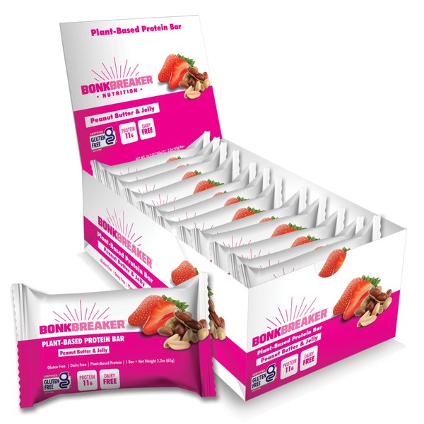 Bonk Breaker Plant Based Protein Bars, Gluten Free, Dairy Free, 13g Protein, Peanut Butter and Jelly Flavor, 62g Bar (12 Pack)