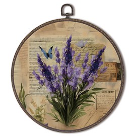 XNXLDYLH Vintage Lavender Floral Round Framed Wall Art Decor, Retro Purple Lavender Flower Bathroom Room Hanging Wall Decor Decorations, Botanical Canvas Prints Wall Art Pictures Paintings, 10x10 Inch