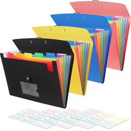4 Pack 7 Pocket Accordian File Organizer with Labels, Expanding File Folder Plastic Expandable File Folder for Documents Letter Size A4 Papers