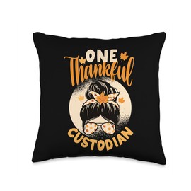 Turkey Meat Pilgrim Costume Thanksgiving Shirt One Thankful Custodian Funny Thanksgiving Day Autumn Fall Throw Pillow, 16x16, Multicolor