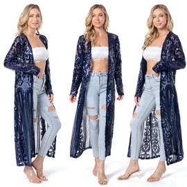 Women's Sequin Cardigan Summer Cover Up Dress Glitter Sparkle Open Front Coat Dresses Duster for Evening Prom L Navy Blue