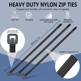 Heavy-Duty Nylon Cable Zip Ties, 11.8-Inch Self-Locking Wire Ties, 40 lbs Tensile Strength, UV & Heat Resistant, Fireproof for Indoor & Outdoor Use - Industrial, Home, Automotive (Black, Pack of 100)