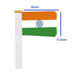 25 Packs Small India Flags on Handheld Stick，Miniature Hindi Indian Flag for Outside,4x6 Inch Mini Hand Held Banner with Golden Topper,Patriotic Decorations