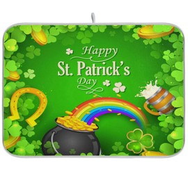 St Patrick's Day Shamrock Rainbow Dish Drying Mat 18x24 inch for Kitchen Clover Horseshoe Beer Pot Of Gold Coins Dish Drainer Absorbent Dish Drying Pad Mats Protector for Kitchen Counter