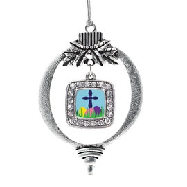 Inspired Silver - Easter Cross & Eggs - Silver Christmas Ornament - Square Charm Christmas Tree Ornament with Cubic Zirconia - Holiday Hanging Decoration