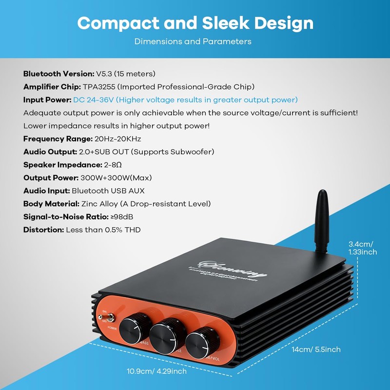 Hosyond 600W 2 Channel Bluetooth 5.3 Amplifier, TPA3255 HiFi Stereo