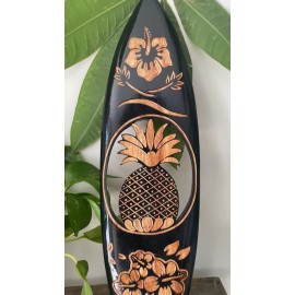 Handmade Hawaiian Hand Made 20" Carved Wood Surfboard Decor Engraved Pineapple Hibiscus