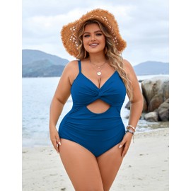 Blooming Jelly Womens Plus Size Swimsuit One Piece Bathing Suits Black Push Up Swimsuits Ruched Swimwear (Large,Blue)