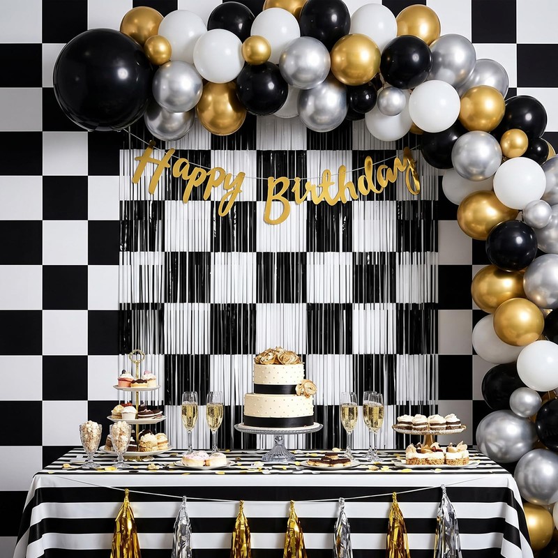 2Pcs Checkered Backdrop- Black White Checkered Backdrop Foil Streamer 1x