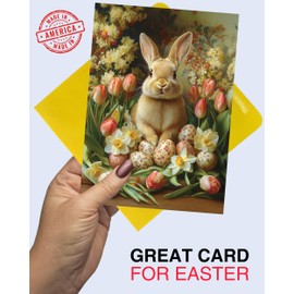 CATNEVERLAND Easter Bunny Greeting Card – 5x7” Card with Floral Eggs & Spring Flowers, Yellow Envelope, Blank Inside, Made in USA by Pet-Friendly Small Business