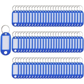Key Tags with Split Ring, 100 Pack, of one Colour, Plastic ID Labels, 5 cm x 2.2 cm (100 Blue)