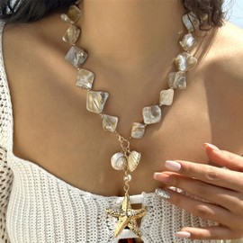 RINHOO Starfish Shell Necklaces for Women Summer Irregular Seashell Statement Necklace Beach Surfer Jewelry (Style A-White)