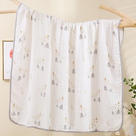 Ultra Soft 6-Layer Cotton Muslin Baby Blanket 43"x43" Breathable Lightweight Moon Star and Tent Muslin Swaddle Blankets for Toddlers Baby Birthday Gifts All Seasons